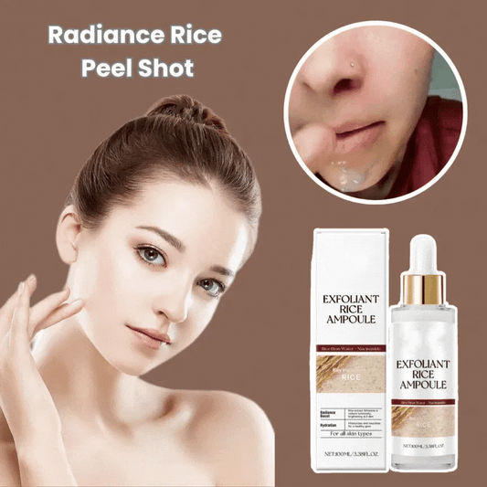 Exfoliant Rice Ampoule packaging with a woman and close-up of skin texture on a brown background