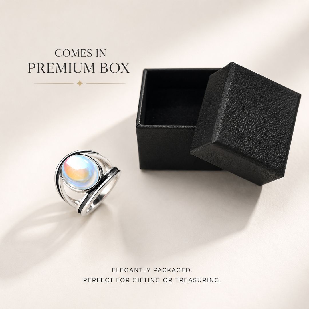 Avelune Moonstone Ring presented beside a premium black jewelry box, elegantly packaged for gifting
