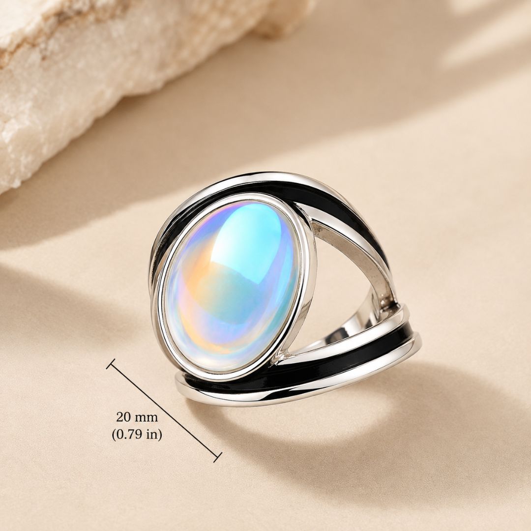 Avelune Oval moonstone ring with blue and peach flash showing 20 mm stone size