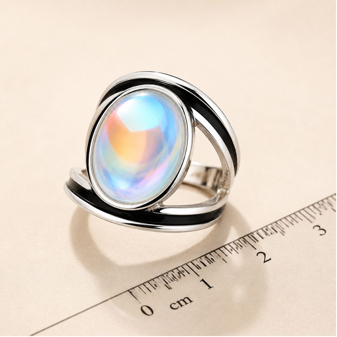 Avelune Oval moonstone ring with blue and peach flash shown beside a centimeter ruler for size reference