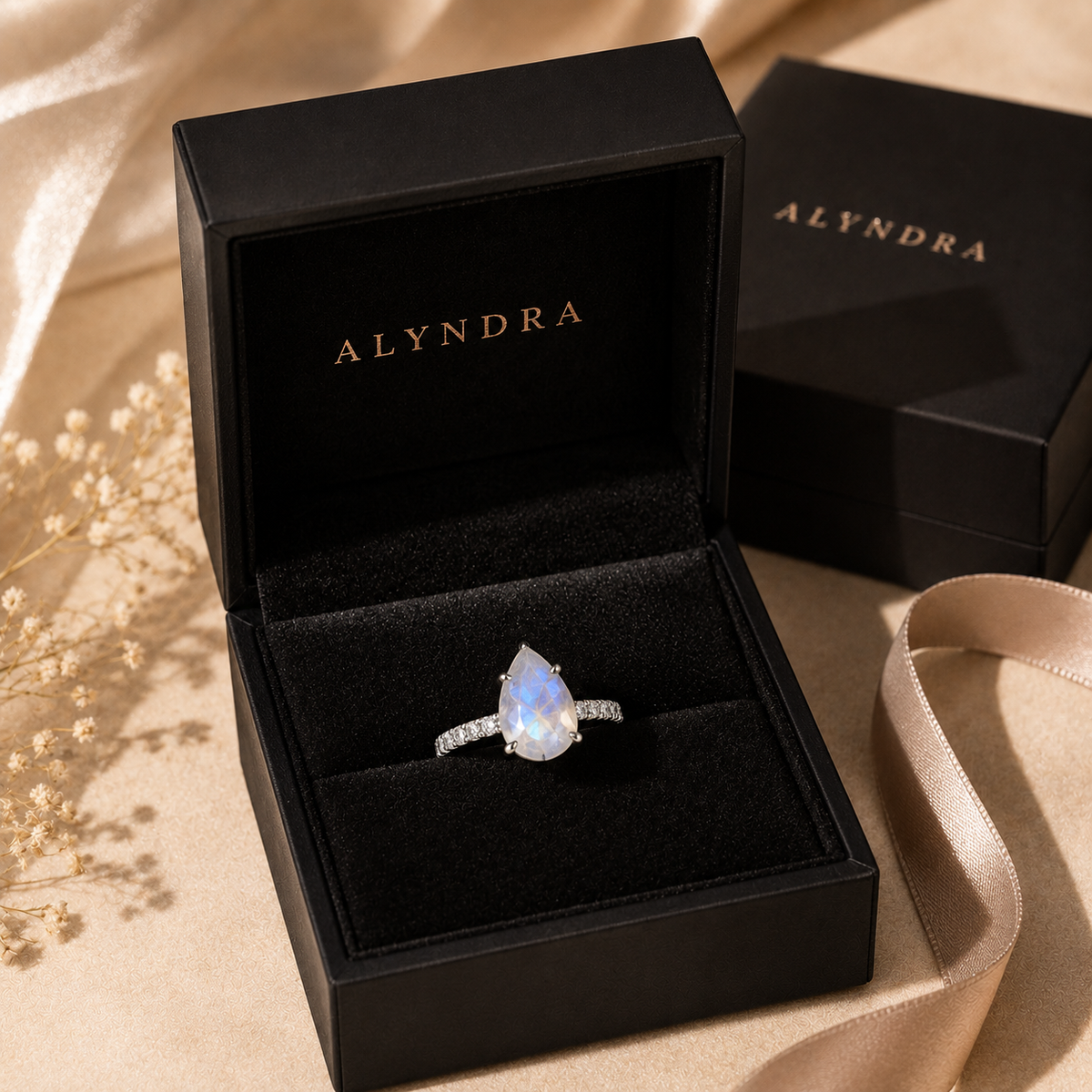 Lunelle pear-shaped moonstone ring presented in an ALYNDRA jewelry box with elegant gift styling and warm champagne lighting