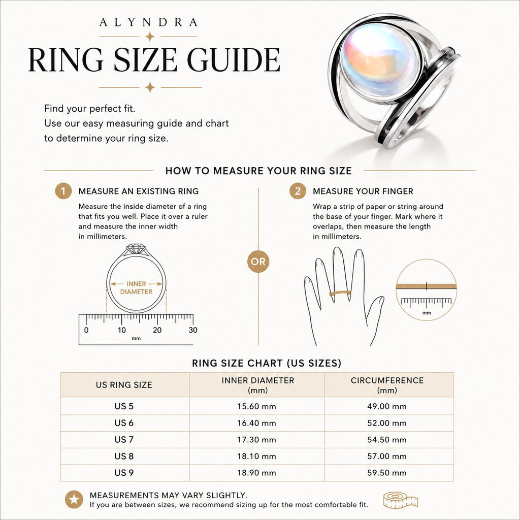 ALYNDRA moonstone ring size guide showing US ring sizes 5 to 9 with inner diameter and circumference measurements