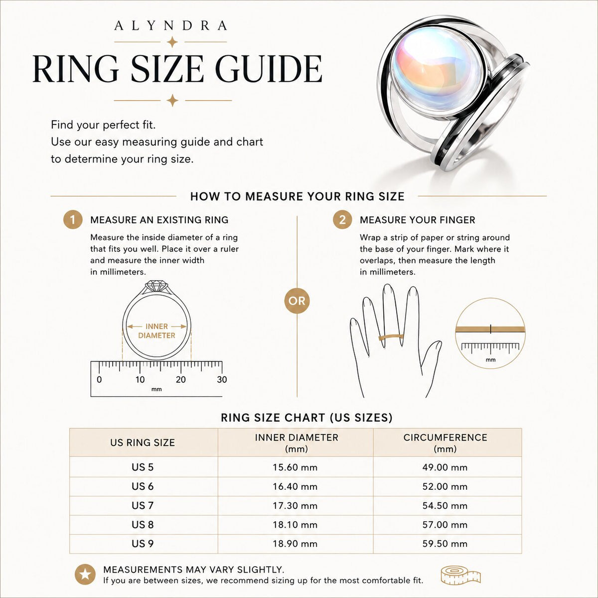 ALYNDRA moonstone ring size guide showing US ring sizes 5 to 9 with inner diameter and circumference measurements