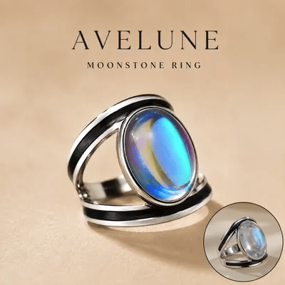 Avelune Moonstone Ring with iridescent blue and purple moonstone