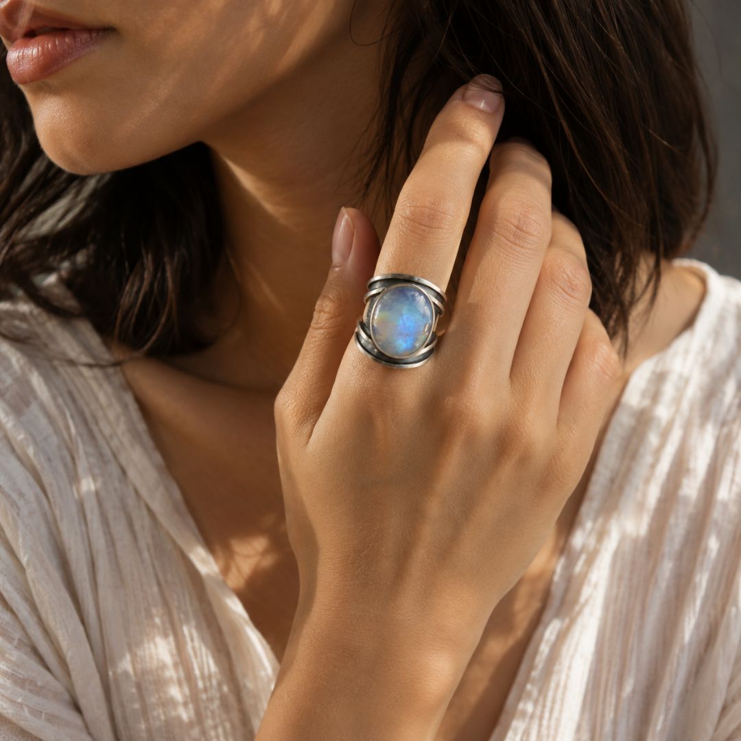 Avelune Moonstone Ring worn on a woman's hand, featuring an iridescent oval moonstone in a polished silver setting with black detailing.