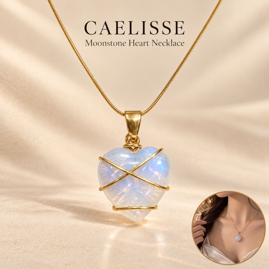 Close-up of the Caelisse Moonstone Heart Necklace showing its translucent moonstone heart pendant, gold wire wrapping, bail and delicate gold chain in warm champagne lighting.