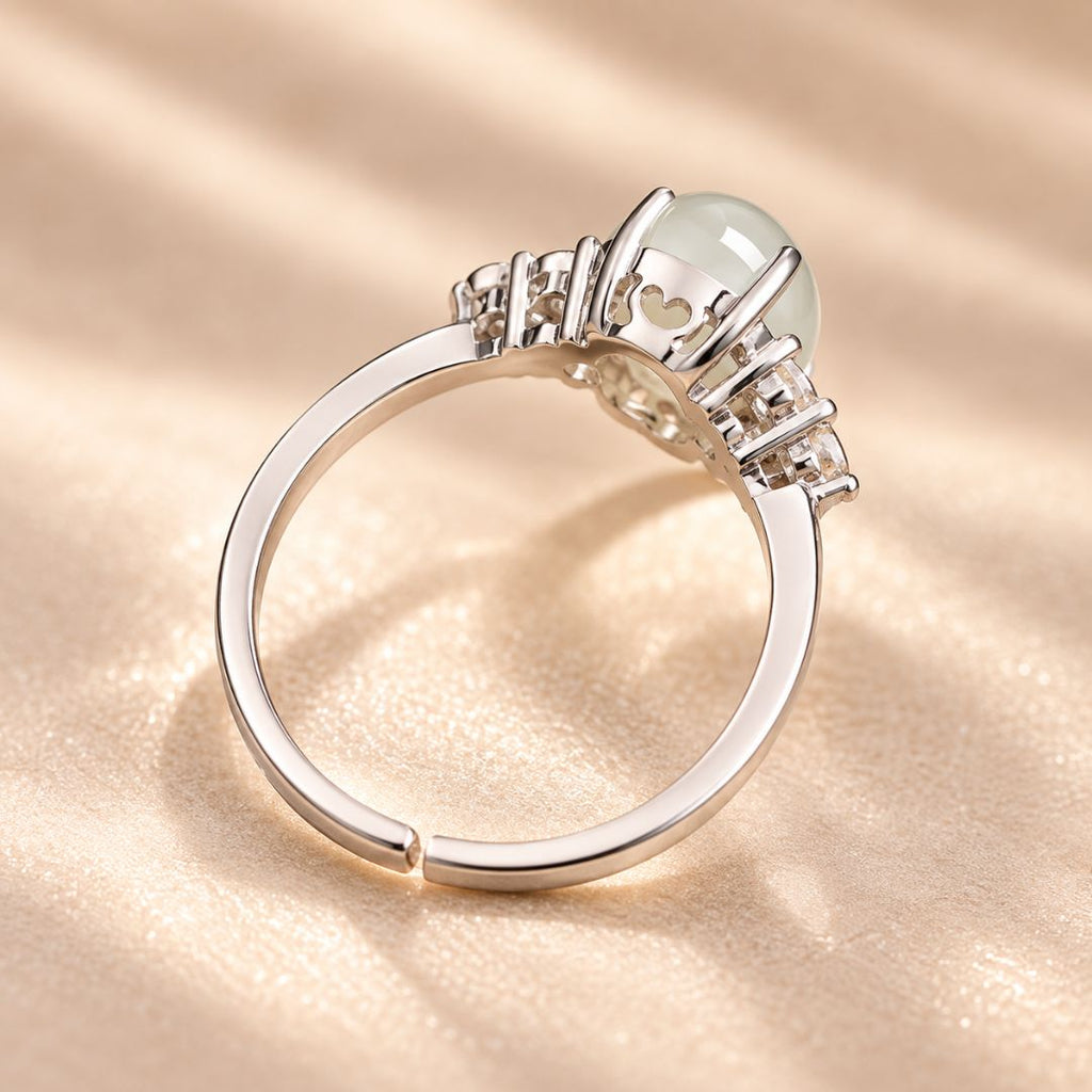 Elaris Moonstone Ring showing the adjustable 925 silver open-back design