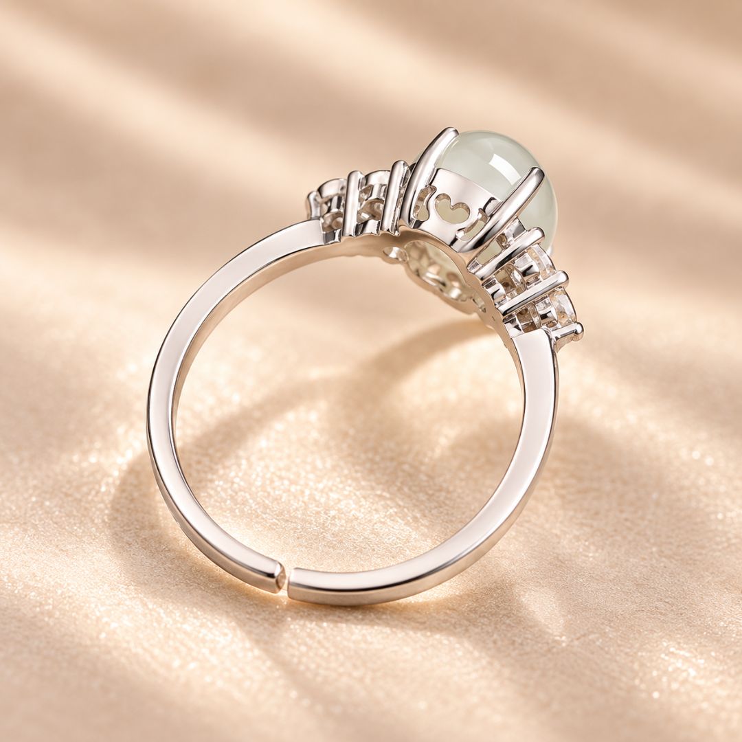 Elaris Moonstone Ring showing the adjustable 925 silver open-back design