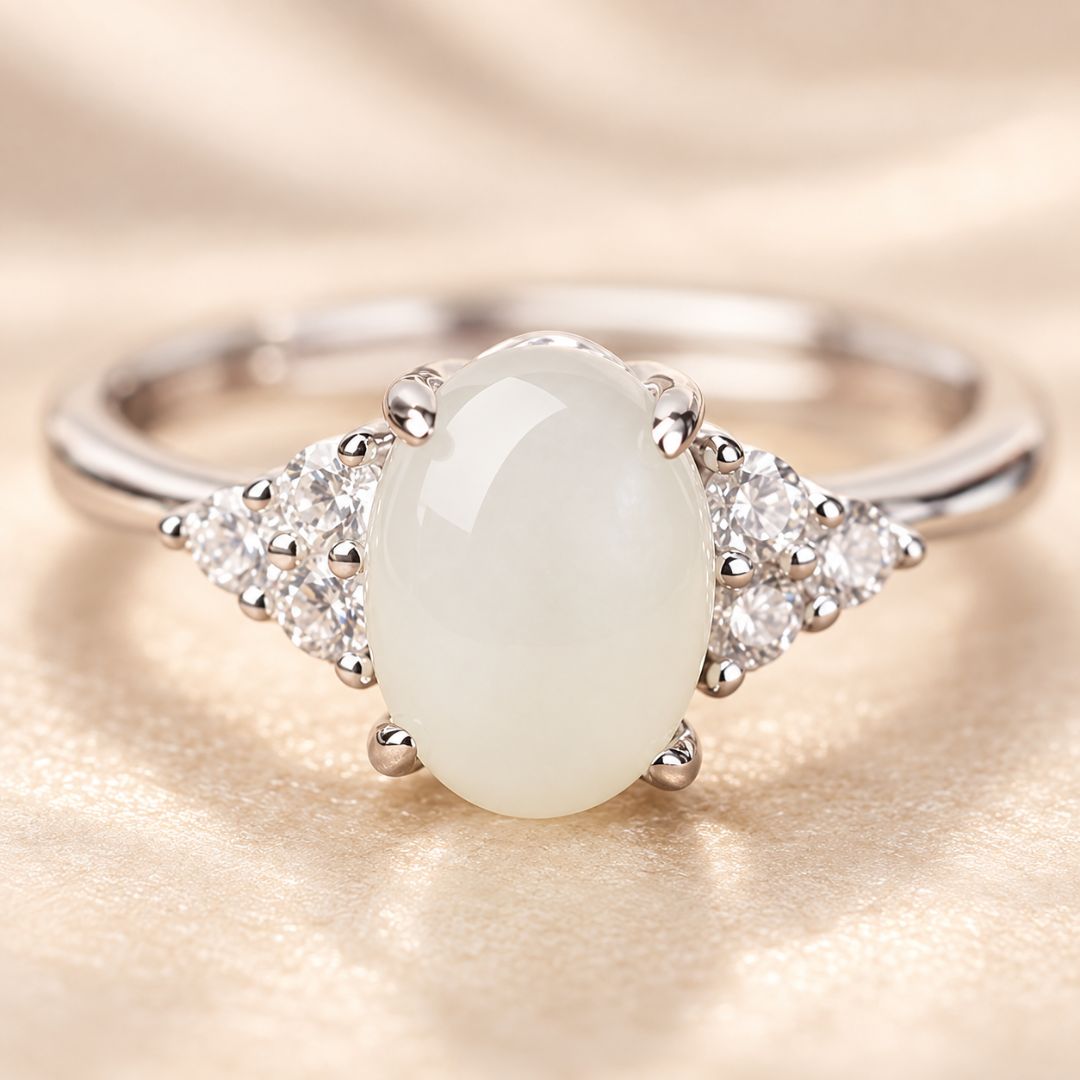 Close-up of Elaris Moonstone Ring with oval white moonstone and clear accent stones