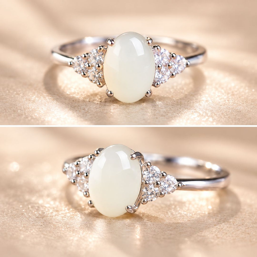 Elaris Moonstone Ring shown from front and side angles with oval moonstone and sparkling accent stones