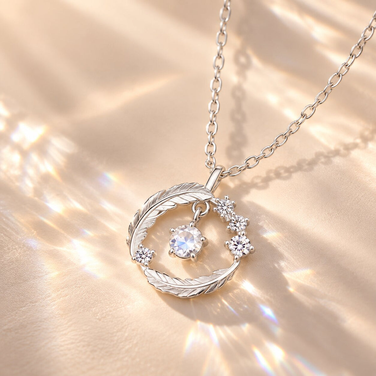 ELYRA Feather Moonstone Necklace close-up showing the luminous gemstone reflecting soft light