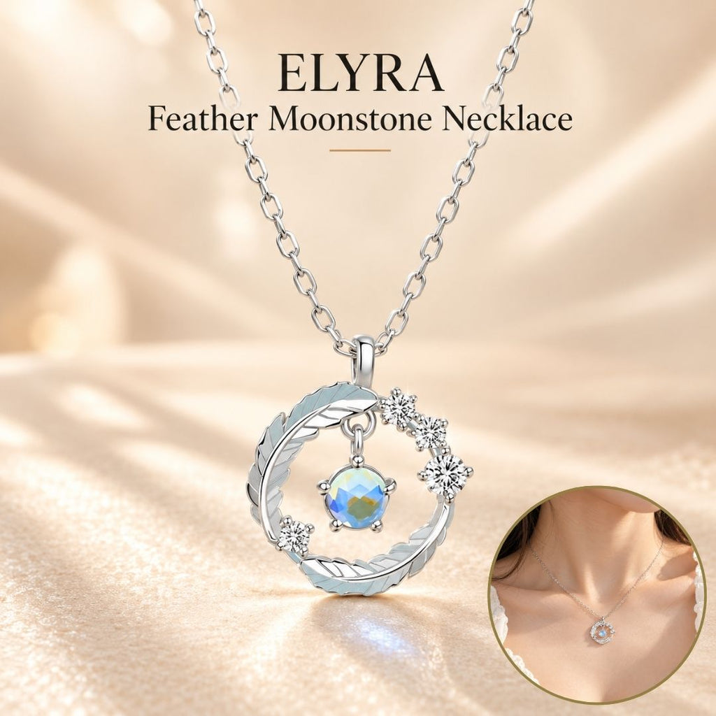 ELYRA Feather Moonstone Necklace with feather-inspired pendant and luminous blue moonstone gemstone