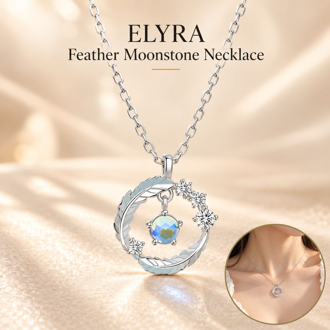 ELYRA Feather Moonstone Necklace with feather-inspired pendant and luminous blue moonstone gemstone