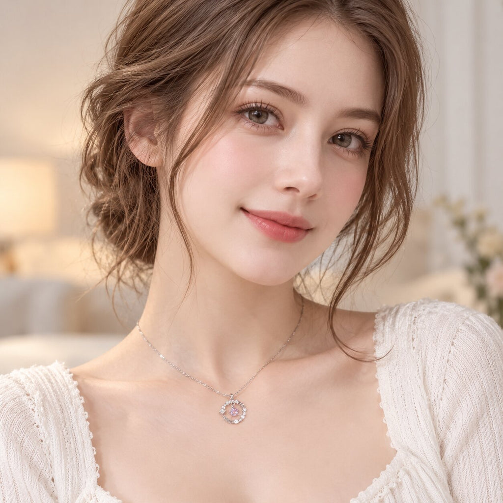 ELYRA Feather Moonstone Necklace worn by a woman in an elegant ivory outfit