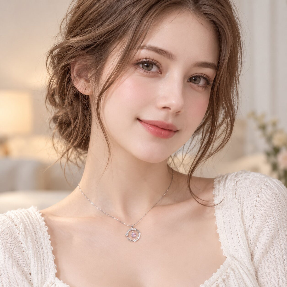 ELYRA Feather Moonstone Necklace worn by a woman in an elegant ivory outfit