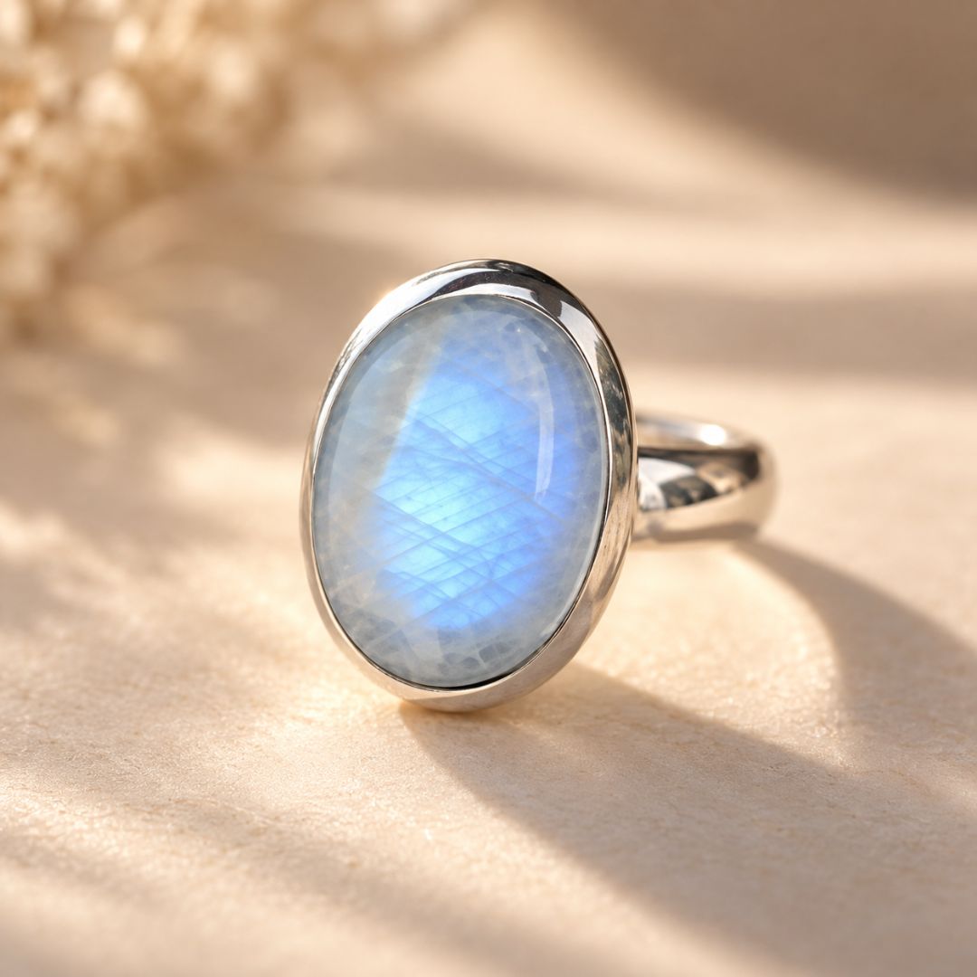 Luna Moonstone Ring showing blue iridescence in soft natural light