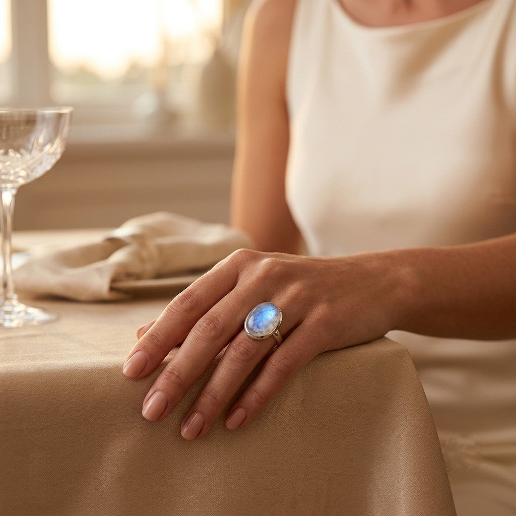 Luna Moonstone Ring worn on a woman's hand in an elegant evening setting