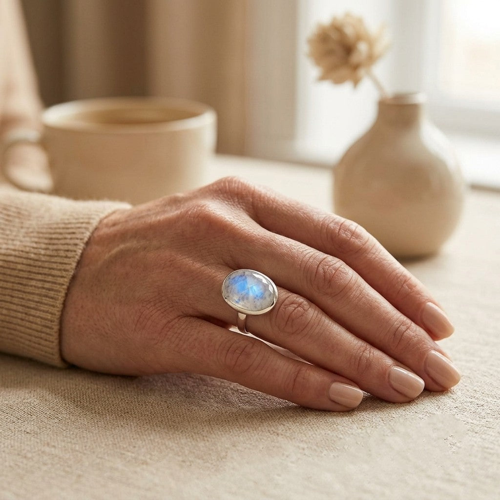 Luna Moonstone Ring worn on a woman's hand in a warm neutral everyday setting