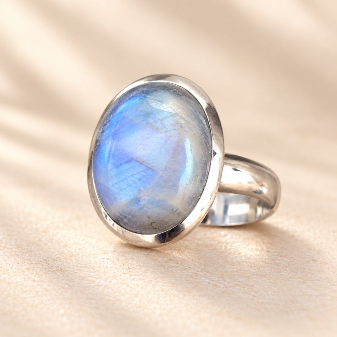 Luna Moonstone Ring in a polished silver-tone setting with oval blue-flashing moonstone