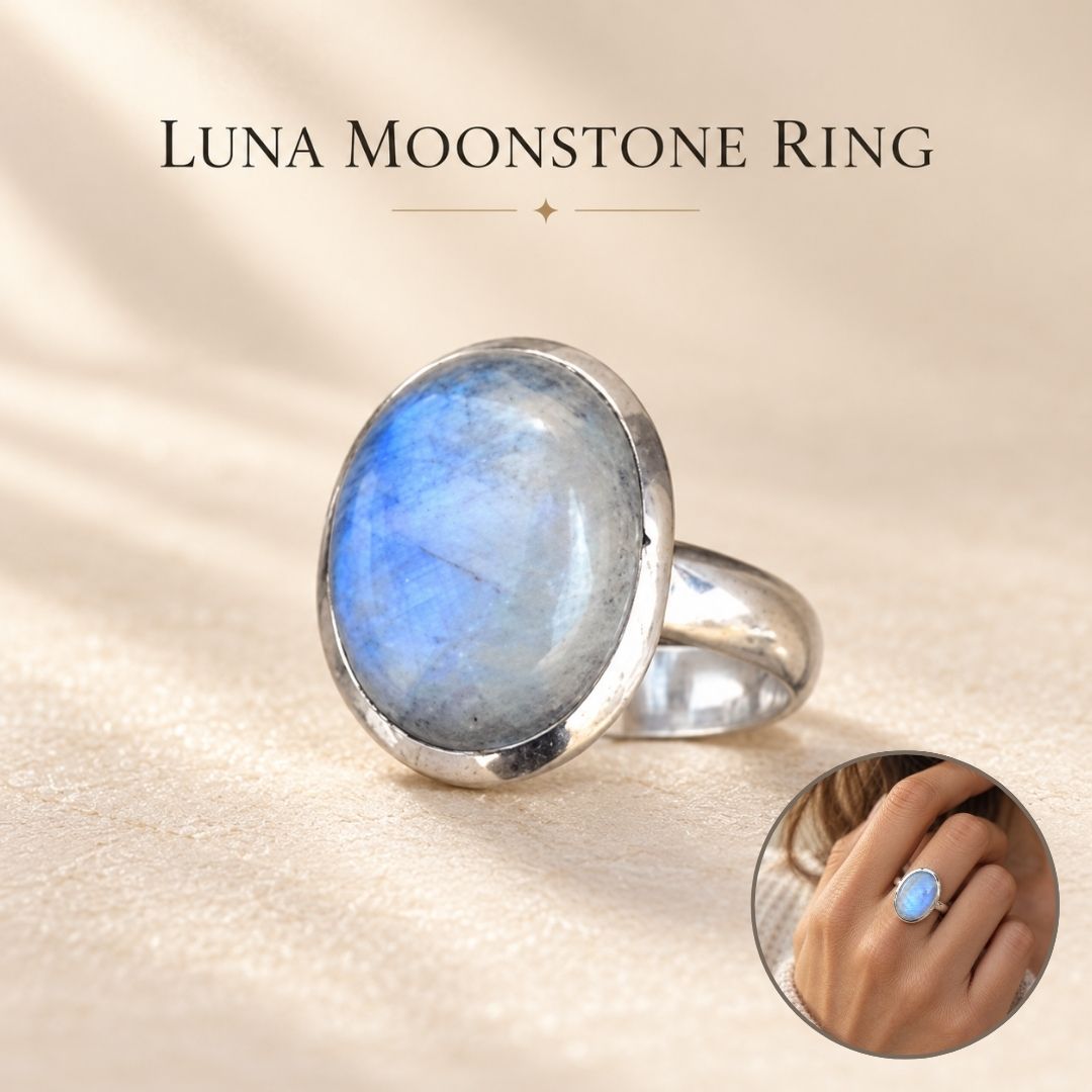 Luna Moonstone Ring with oval blue-flashing moonstone and silver-tone setting