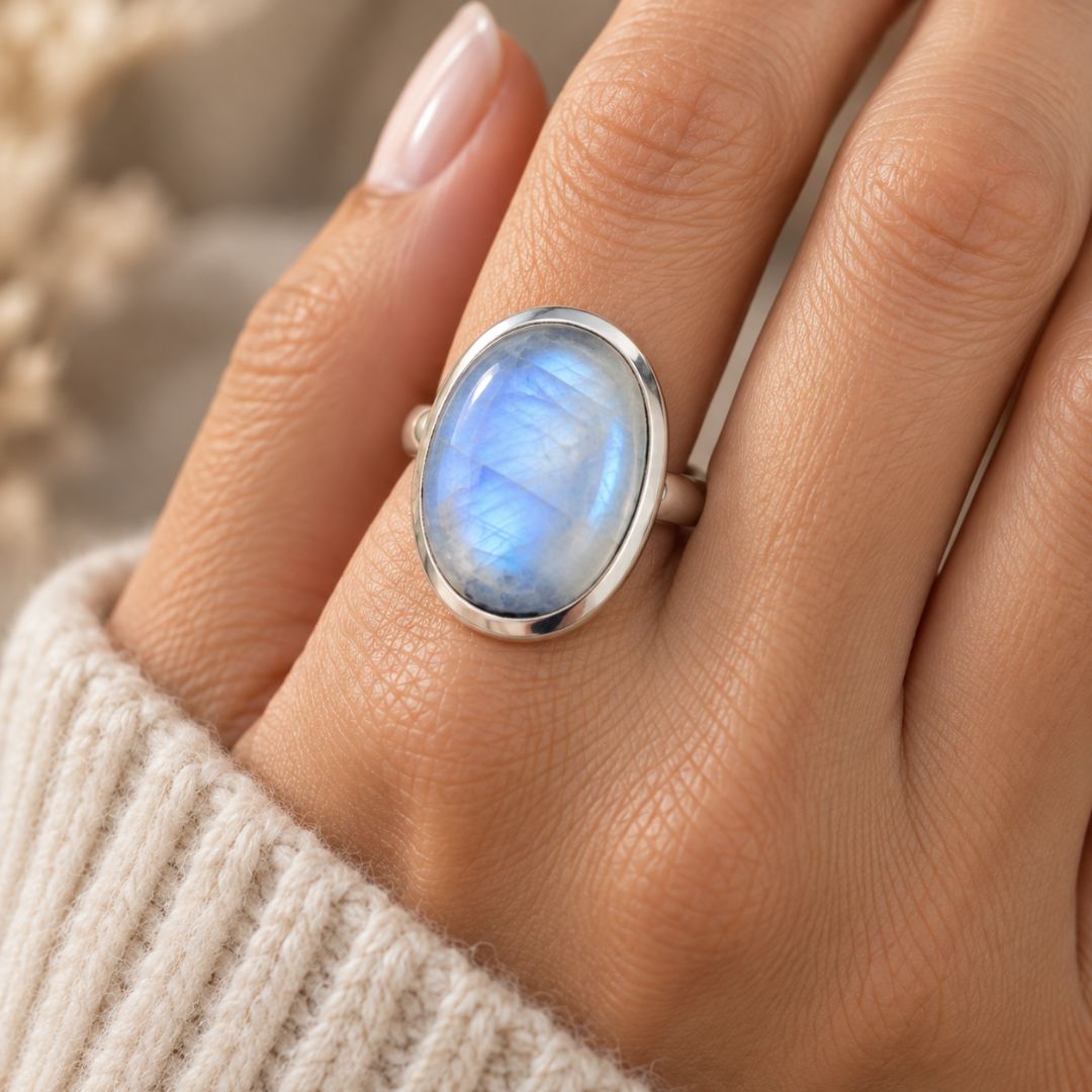Luna Moonstone Ring worn on a woman's hand with an oval blue-flashing moonstone
