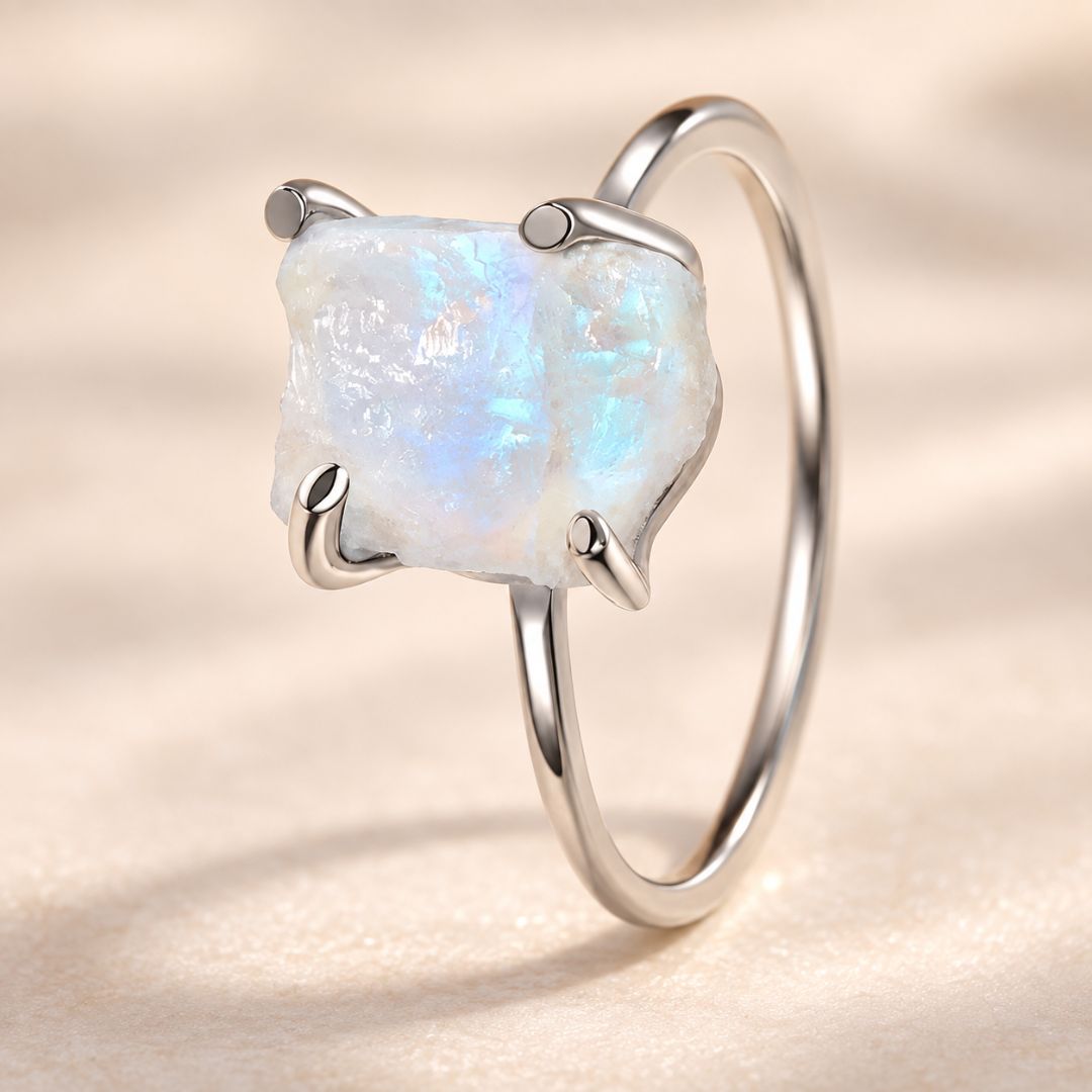 Serelle moonstone ring showing its luminous irregular moonstone and polished silver four-prong setting