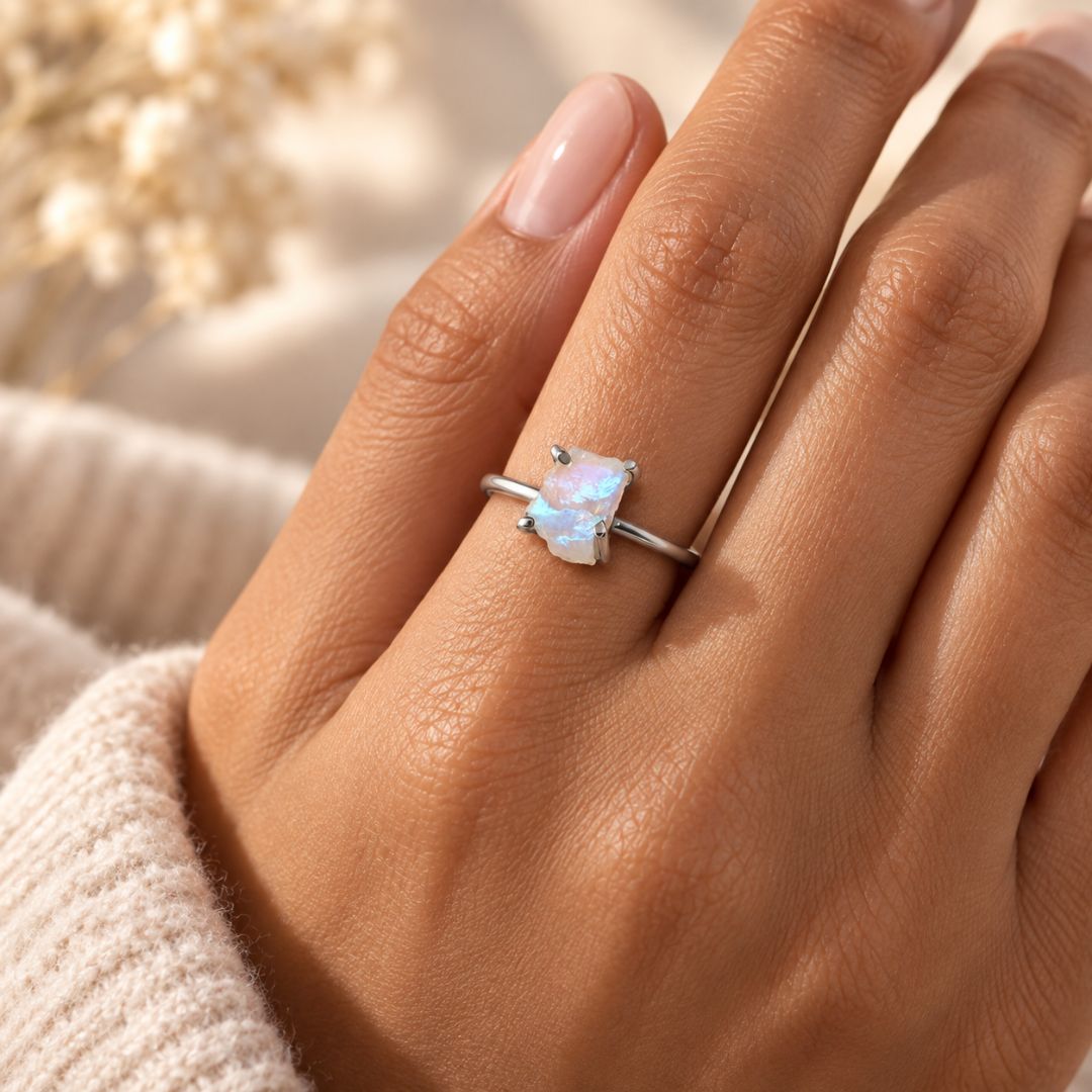 Serelle moonstone ring worn on a woman's hand, showing the luminous irregular moonstone and polished silver four-prong setting