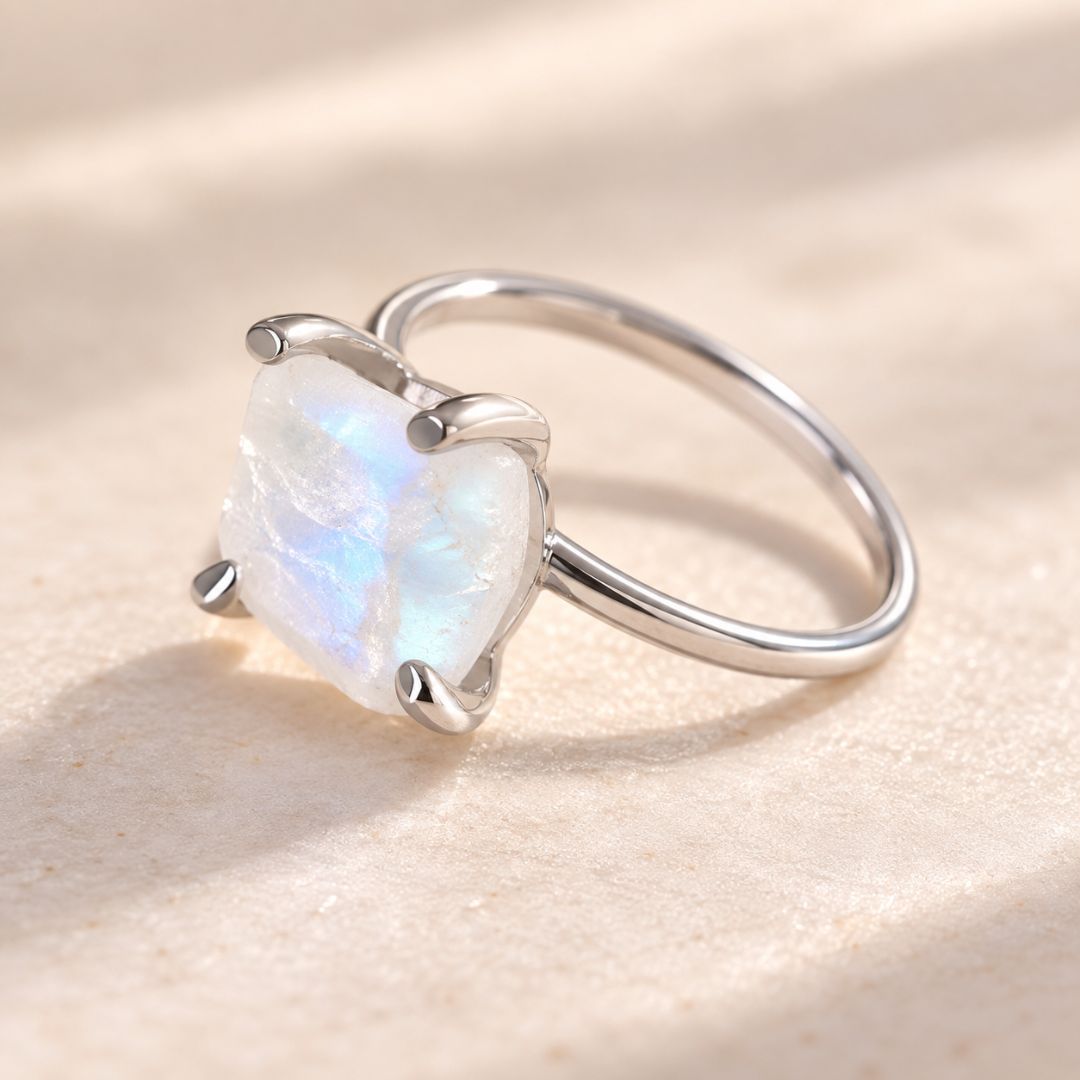 Serelle moonstone ring side view showing the luminous irregular moonstone and polished silver band and setting