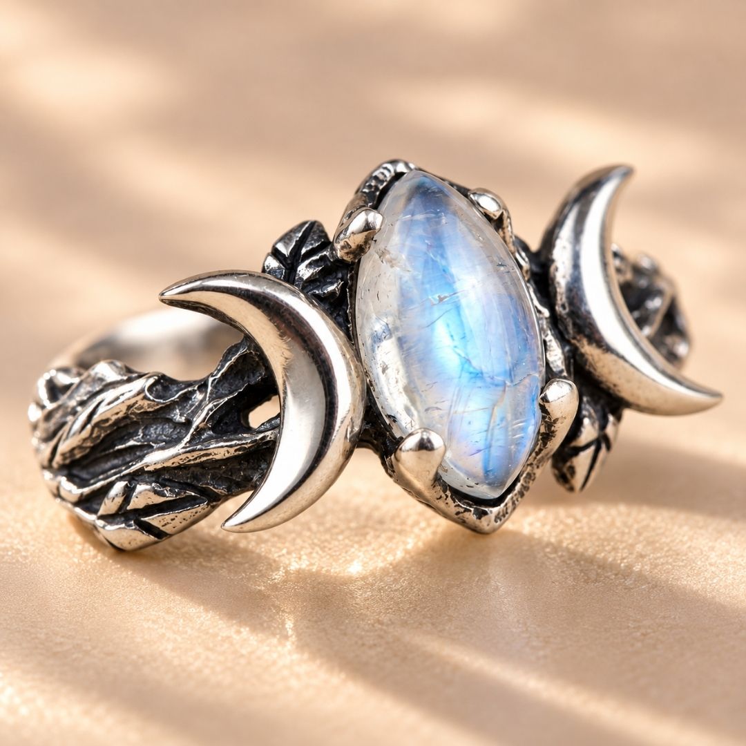 Close-up of the Veyra moonstone ring showing its crescent details and textured vintage silver band