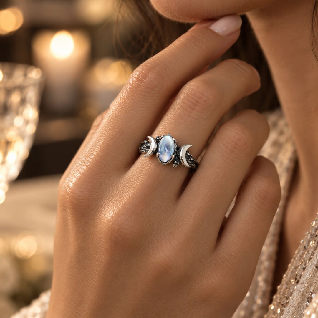 Veyra moonstone ring worn on a woman's hand in an elegant evening setting