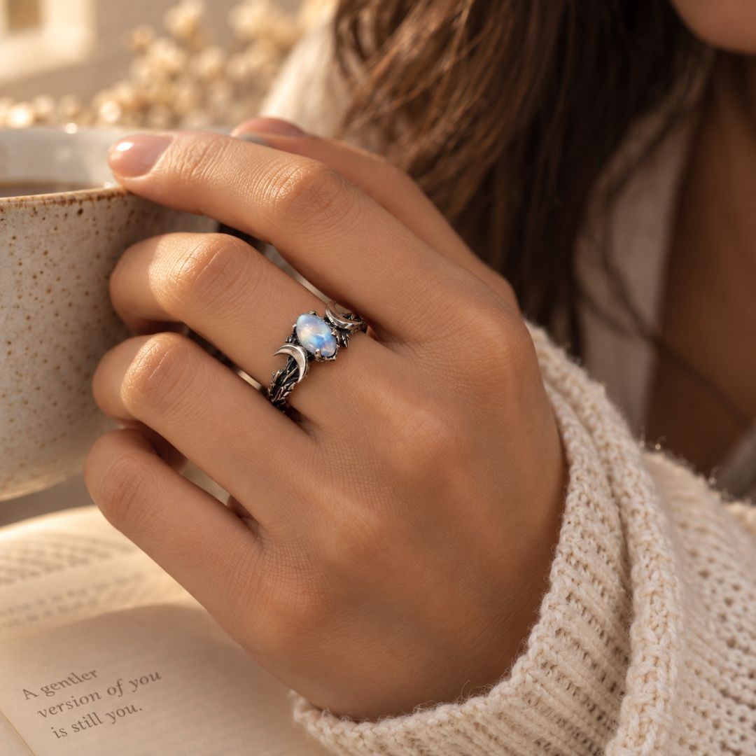 Veyra moonstone ring worn on a woman's hand in a cozy everyday setting