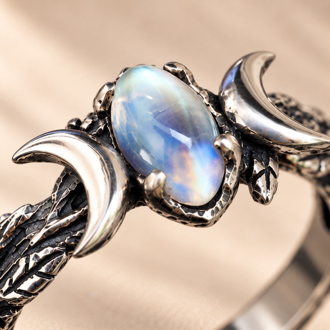 Close-up of the Veyra moonstone ring highlighting the luminous stone and crescent details
