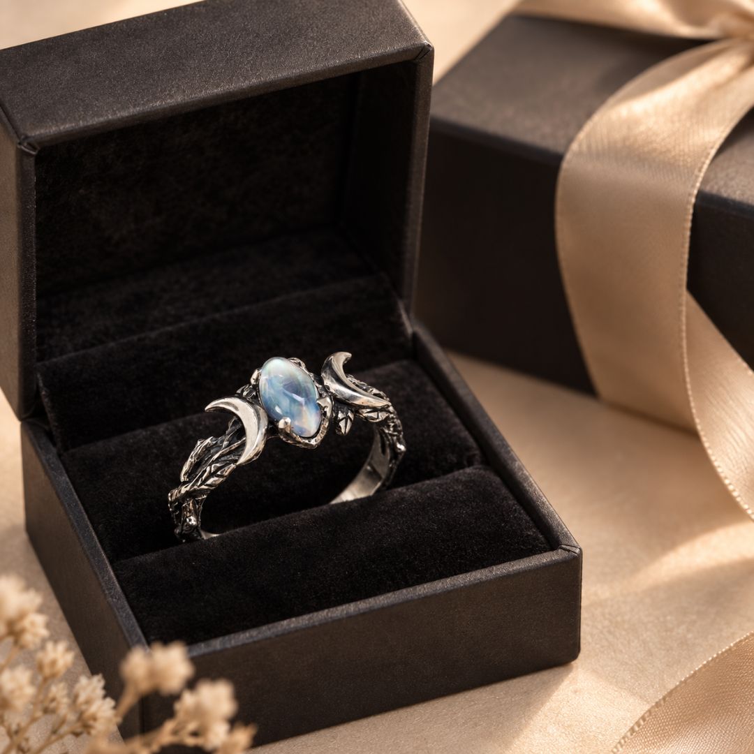 Veyra moonstone ring presented in a black jewelry gift box