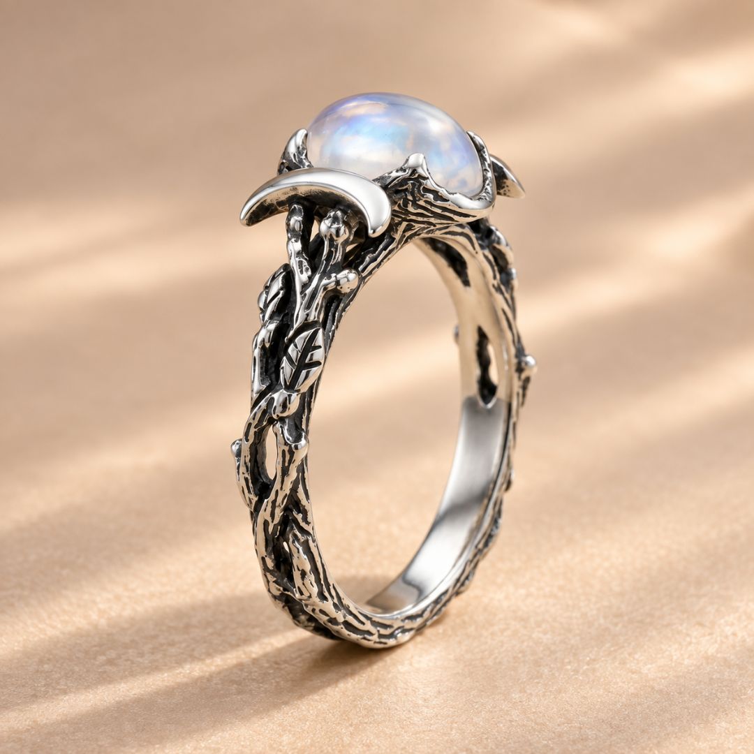 Veyra moonstone ring side profile showing the crescent setting and intricate vintage silver band