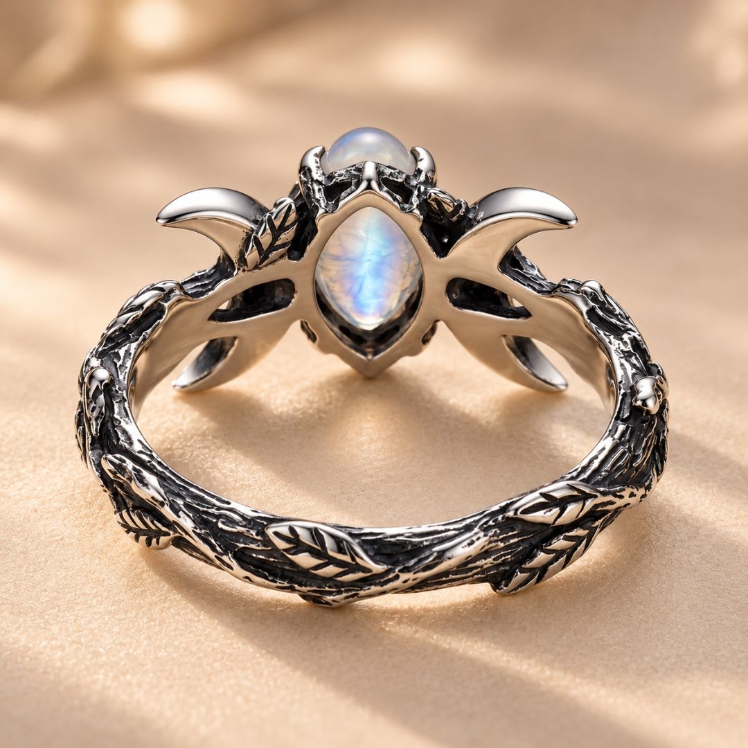 Veyra moonstone ring showing the detailed vintage silver band and crescent setting from the back